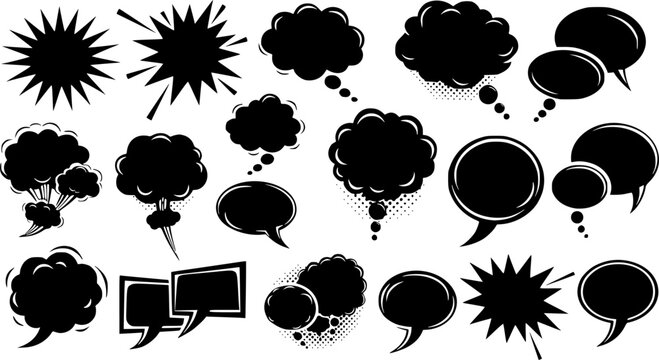 Comic explosion speech bubbles,Speech bubbles silhouettes collection, Starburst designs in black vector, Comic book speech bubble shapes, Pop art speech bubble vectors, Speech bubble icons