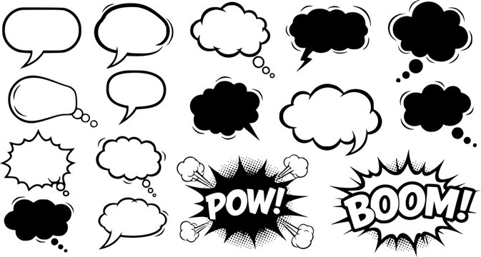 Comic explosion speech bubbles,Speech bubbles silhouettes collection, Starburst designs in black vector, Comic book speech bubble shapes, Pop art speech bubble vectors, Speech bubble icons