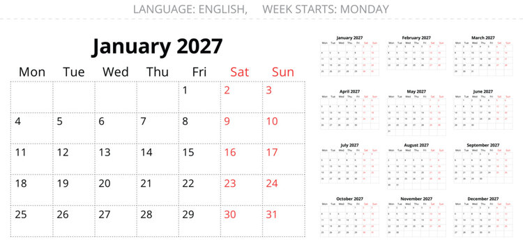2027 english monthly calendar set 12 printable pages monday start