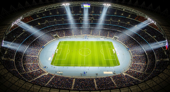 High angle view of a packed soccer stadium at night with bright lights and a green field, capturing the excitement of a sporting event, stadium seating, stadium bowl, stadium roof
