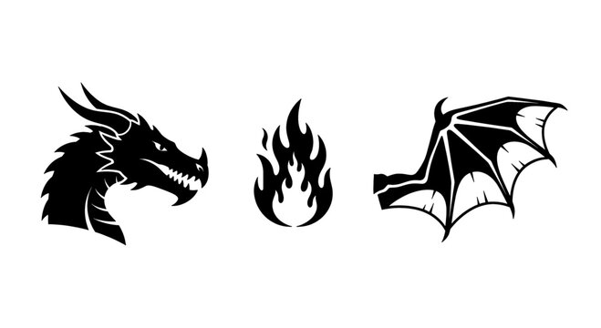 Black silhouette icons of a dragon head fire and wing simple vector graphics for fantasy or gaming themes isolated on white