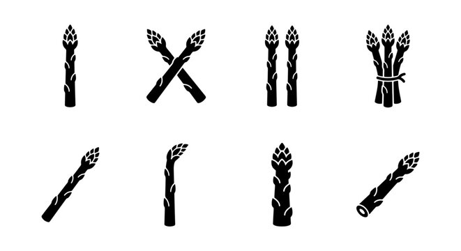 Black asparagus icons set, minimalist vegetable silhouettes, organic food vector elements for restaurant menu design and healthy cooking concepts