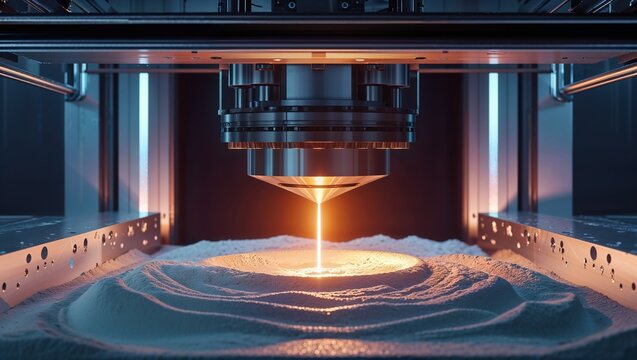 Laser beam melting metal powder bed in additive manufacturing process with glowing light industrial production concept