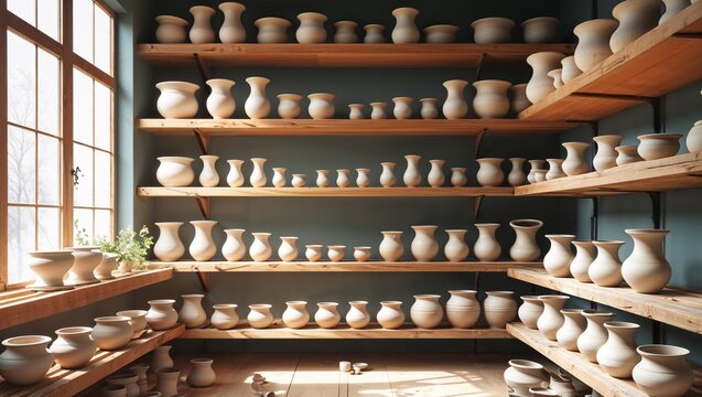 Unfired pottery vessels drying on wooden shelves in artisan ceramic workshop with natural light