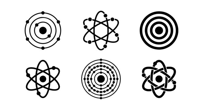 Scientific atom model icon set, minimalist black physics nucleus symbols, 6 vector elements of molecular structures and orbital electrons