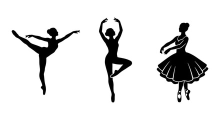 Graceful ballerina silhouettes set, elegant ballet dancer vector icons in various poses, black female performer figures for dance school branding © Abul
