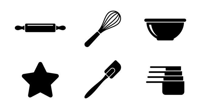 Baking tools icon set with 6 black vector silhouettes, kitchen utensils for cooking and pastry making, rolling pin whisk and bowl symbols