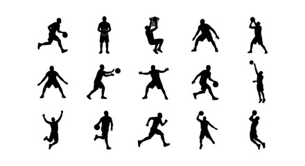 Basketball player silhouettes set, 15 black vector icons of athletes playing ball, professional basketball player action poses for sports design © Abul