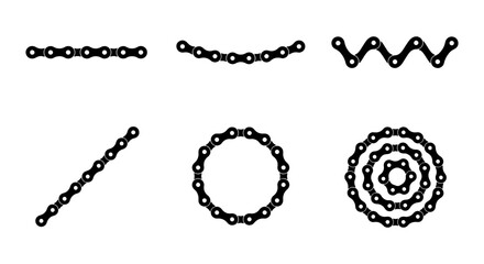 Fototapeta premium Bicycle chain vector icons set, industrial metal bike chain links in various shapes, black mechanical cycle parts for repair and maintenance graphics