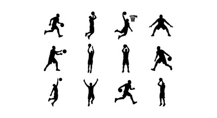 Basketball player silhouettes set, 12 vector icons of athletes playing ball, black sports figures jumping and dribbling on white background © Abul