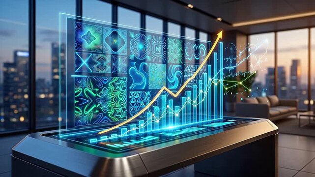 Business analytics financial growth chart rising up futuristic holographic interface with data visualizations on modern touch screen table in high tech office urban skyline