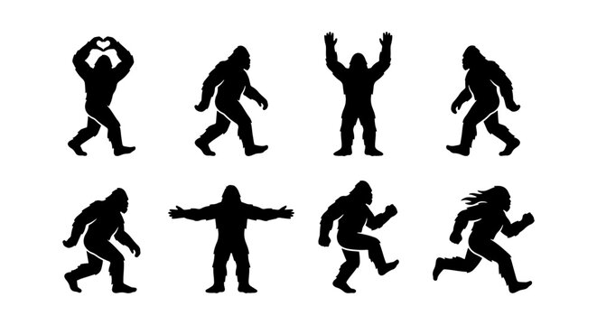 Bigfoot silhouette collection with 8 vector icons, mythical sasquatch character in various poses, black yeti creature silhouettes for camping and outdoor adventure designs