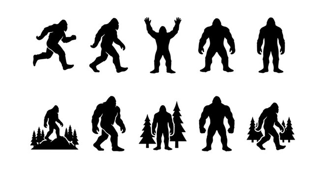 Bigfoot silhouette vector set, 10 sasquatch icons in various poses, mythical yeti and forest monster silhouettes, black cryptid creature graphics