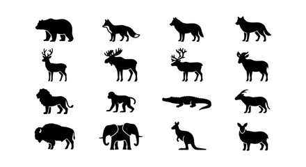 Naklejka premium Wild animal silhouettes set, 16 black vector icons of forest and safari wildlife, minimalist fauna collection for nature branding and educational design