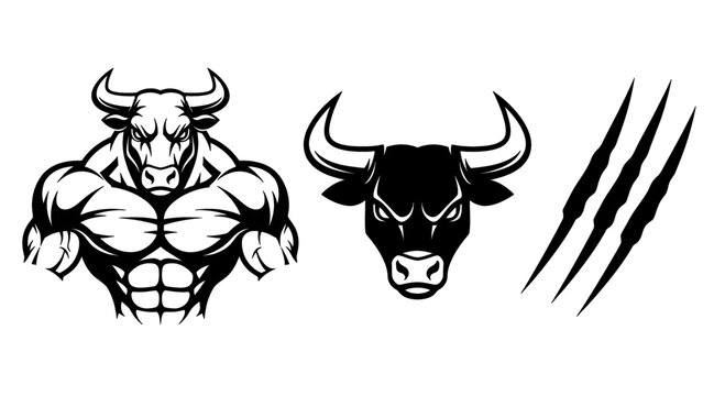 Set of muscular bull and bull head icons with claw marks powerful vector graphics for sports teams and aggressive branding isolated on white