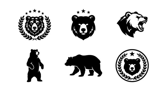 Vintage bear logo collection, 6 black grizzly bear head and silhouette icons, rustic wildlife mascot emblems with laurel wreaths and stars