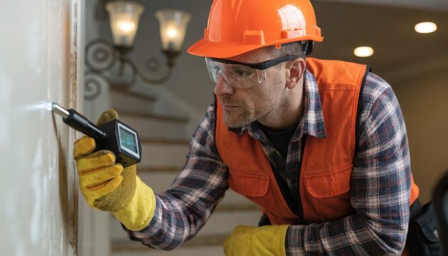 Basement inspector examining drywall in a finished basement main focus on meter screen with blurred decor and lighting fixtures behind.