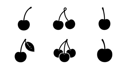 Minimalist cherry silhouette icons, black fruit vector set of 6 elements, simple organic berry shapes for food branding and menu design © Ariful