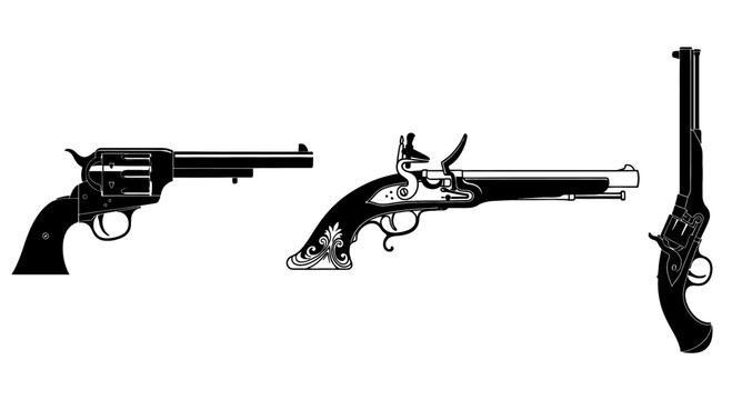 Collection of historical firearms including a revolver flintlock pistol and derringer isolated on white background for design use
