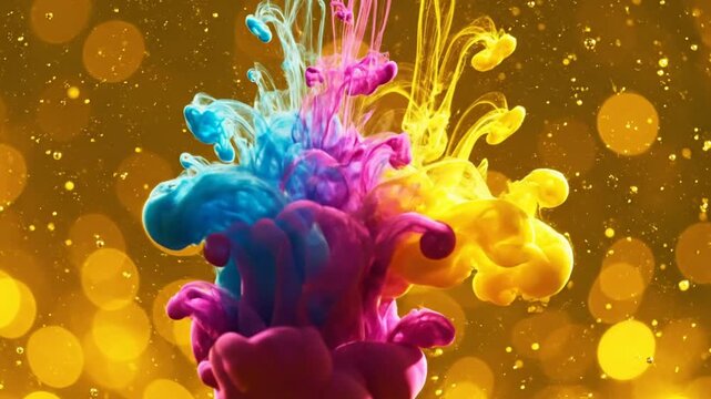 Abstract ink explosion with vibrant blue, magenta, and yellow mixing in liquid against a golden bokeh background