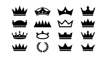 Royal crown icons set, black silhouette king and queen tiara collection, 16 heraldic symbols and laurel wreath vector elements for luxury branding © Ariful