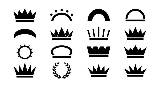 Minimalist crown icon set, black royal tiara and diadem vector silhouettes, 16 heraldic symbols for luxury branding and logo design