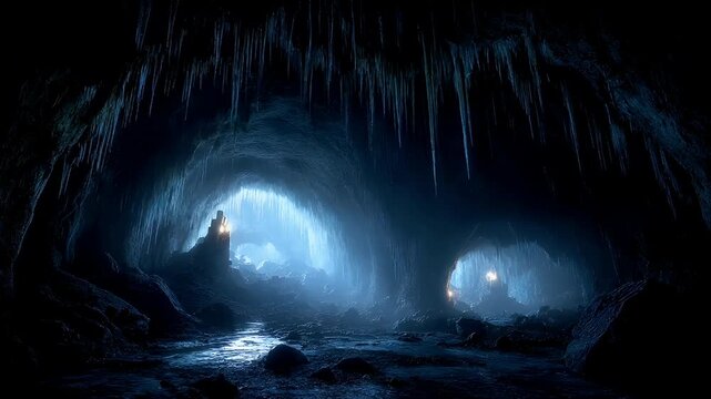 Winter season adventure exploration. A dramatic, atmospheric depiction of a cavern illuminated by a soft, ethereal light source.