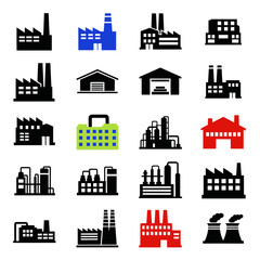 Obraz premium Industrial Factory Icons Set: Manufacturing Plants, Power Plants, and Production Buildings