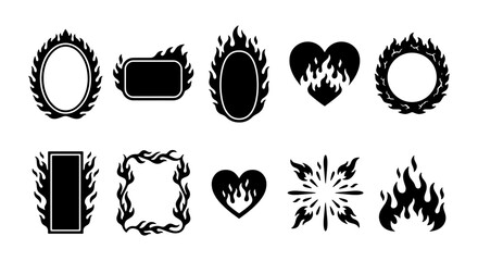 Flaming frame vector set, black fire border collection with 10 elements, burning heart and geometric fire shapes, y2k aesthetic tattoo style graphics © Ariful