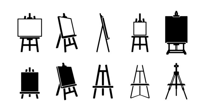 Minimalist wooden easel icons set, black silhouette artist canvas stands, collection of 10 vector painting tripod symbols for art studio branding