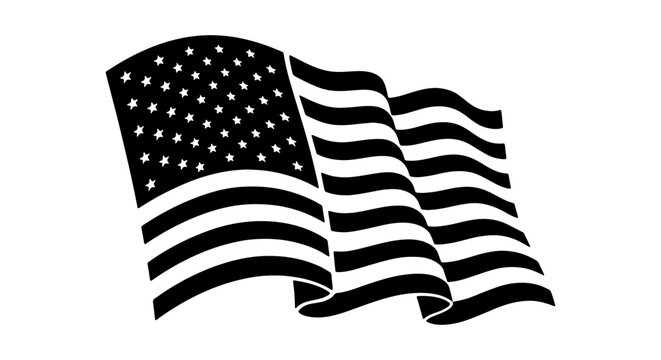 American flag vector illustration, waving black and white United States flag icon, patriotic US national symbol, minimalist monochrome flag graphic