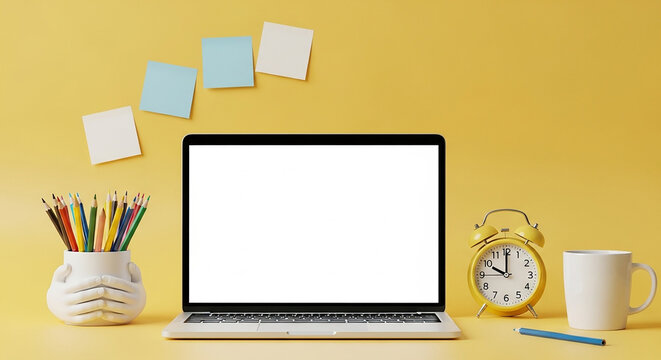 Glass jar mockup on a desk with laptop and office supplies