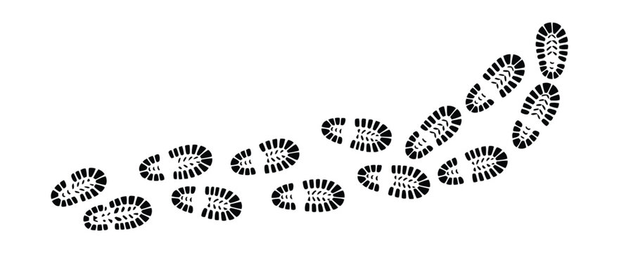 Human footprint trail vector illustration set showing upward walking path silhouettes for travel, direction, and movement concept design