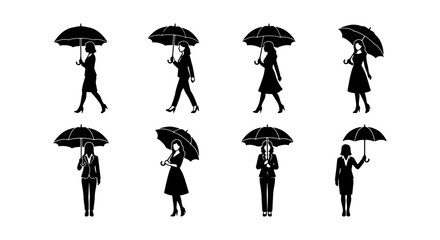 Black silhouette woman with umbrella vector set, business woman walking in rain icons, female character standing with parasol collection © Rifat