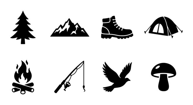 Outdoor camping icons set, black minimalist adventure symbols, 8 vector elements for hiking and nature exploration, mountain and forest travel graphics