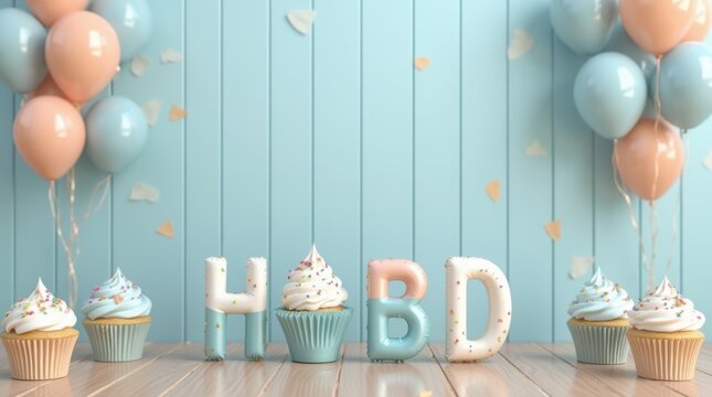 HBD balloon cupcake birthday party decoration birthday party balloon cupcake celebration confetti streamer pastel wooden floor. 
