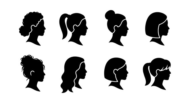 Minimalist female profile silhouettes, set of 8 woman head icons with diverse hairstyles, black vector lady face side view collection for beauty branding