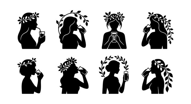Minimalist woman silhouette drinking water set, 8 black vector icons of female profiles with floral wreaths, healthy lifestyle hydration concept