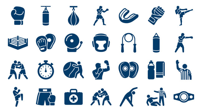 Collection of boxing and combat sports icons representing training equipment, athletes, and competition elements in a clean blue design.