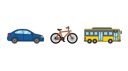 Fototapeta premium A blue car, a brown bicycle, and a yellow bus are displayed side-by-side against a white background.