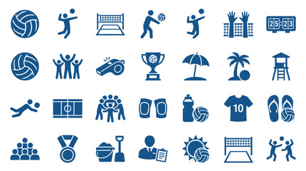 Volleyball sport icons set representing game elements players equipment and beach recreation activities © Iconique Studio