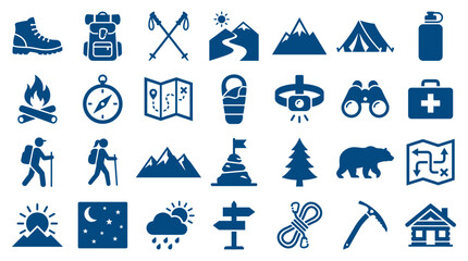 Fototapeta premium Collection of hiking and camping icons representing outdoor adventure equipment and activities, perfect for travel and nature themes