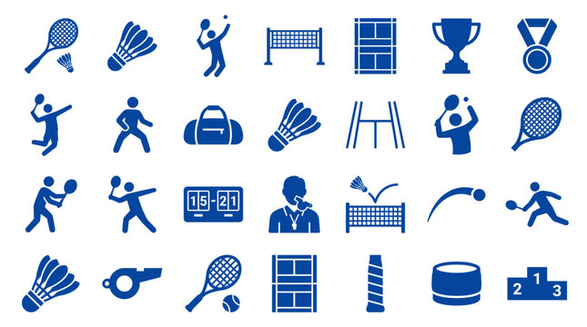Collection of blue tennis and badminton sport icons and symbols representing equipment players court and competition on white background