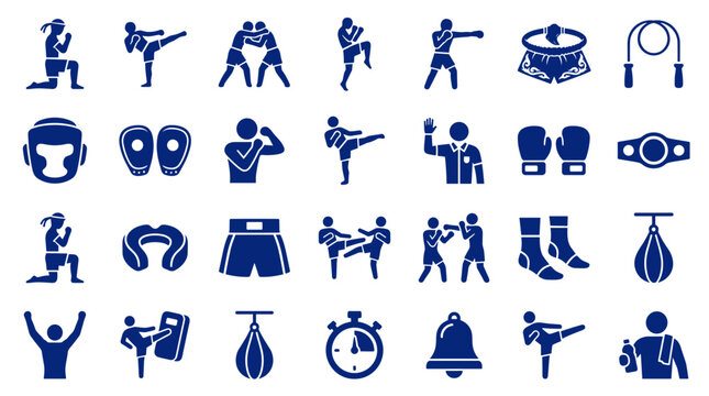 Collection of martial arts and combat sports icons representing training equipment and fighter poses for fitness and competition