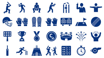 Collection of blue cricket sport icons and symbols representing game elements equipment players and stadium for sports media and design © Iconique Studio