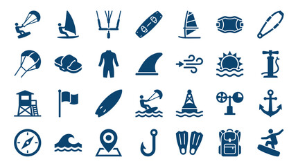 Collection of water sports and outdoor adventure icons representing surfing windsurfing kitesurfing and sailing with equipment and weather symbols © Iconique Studio