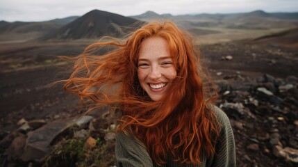 Fototapeta premium Red-haired woman with open hair in wind, smiling at camera, outdoor adventure, landscape.