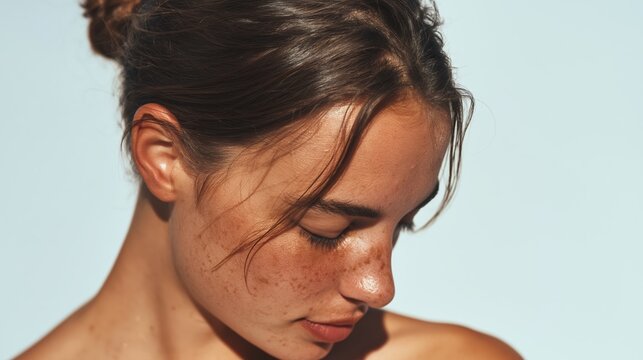 Serene Female with Glowing Skin, Sunlit Beach, Close-up Portrait