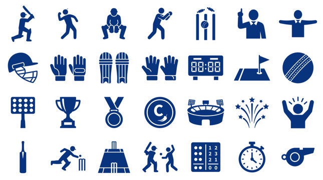 Collection of blue cricket sport icons and symbols representing game elements equipment players and stadium for sports media and design