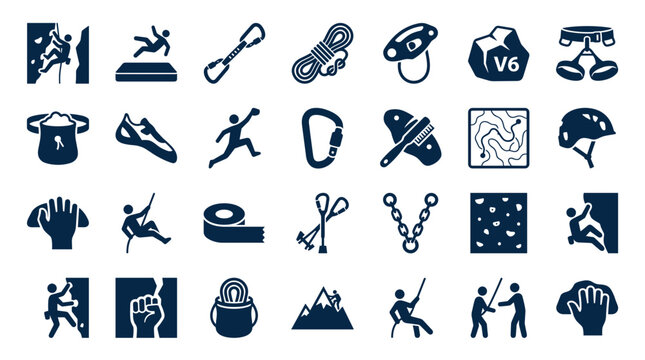 Collection of climbing icons and symbols representing outdoor adventure sports and equipment for graphic design and web use